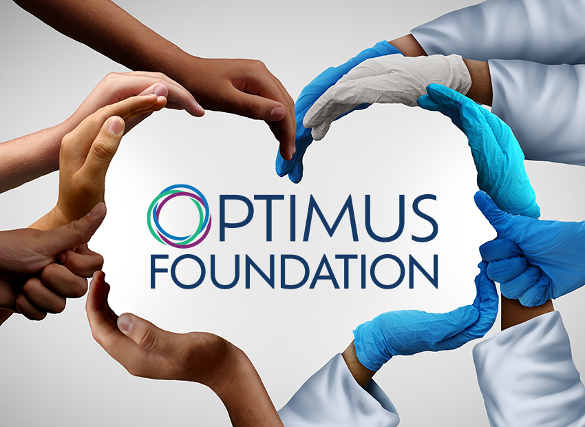 Diverse hands and gloved medical hands forming a heart shape around the Optimus Foundation logo