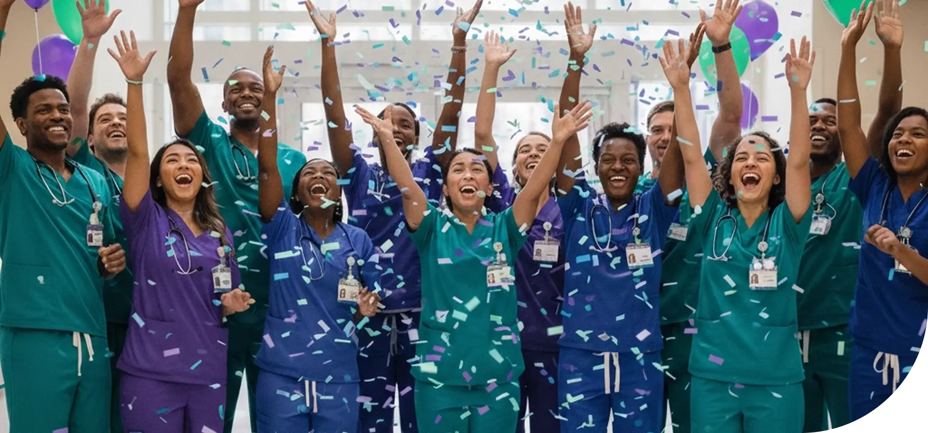 Optimus Health Care staff in scrubs celebrate 50th anniversary with confetti and balloons