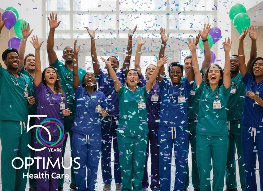 Optimus Health Care staff in scrubs celebrate 50 years with confetti and balloons