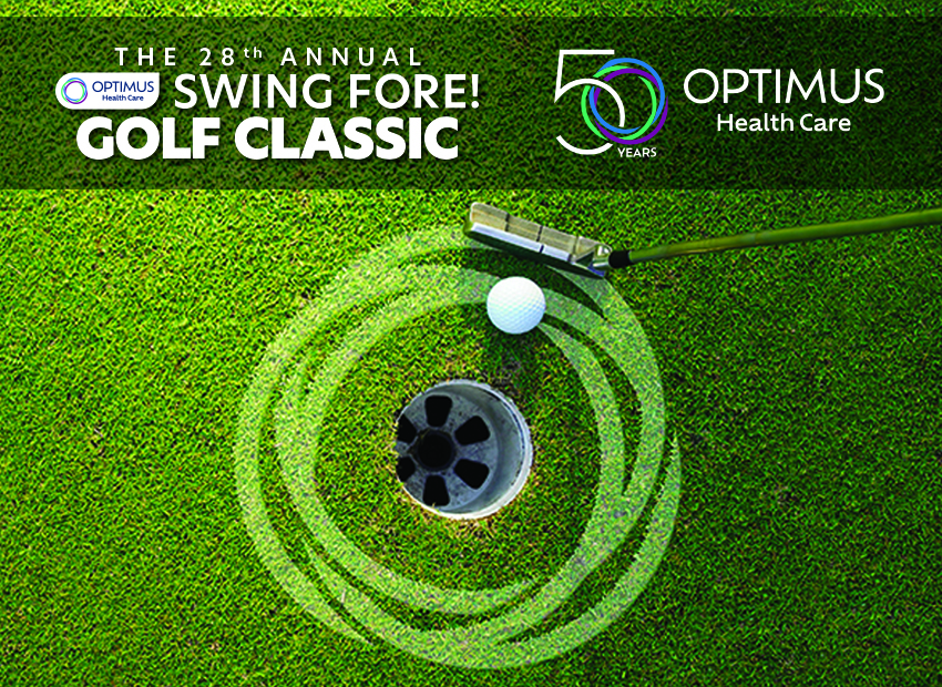 The 28th Annual Swing Fore! Golf Classic presented by Optimus Health Care celebrating 50 years, with aerial view of golf ball near hole
